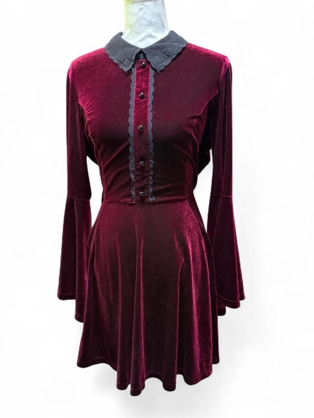 Hell Bunny Burgundy Velvet Fit-and-Flare Dress Black Peterpan Collar XL